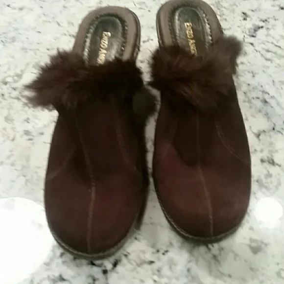 Enzo Angiolini Brown Suede Fur Trimmed Clogs EUC - Picture 2 of 8